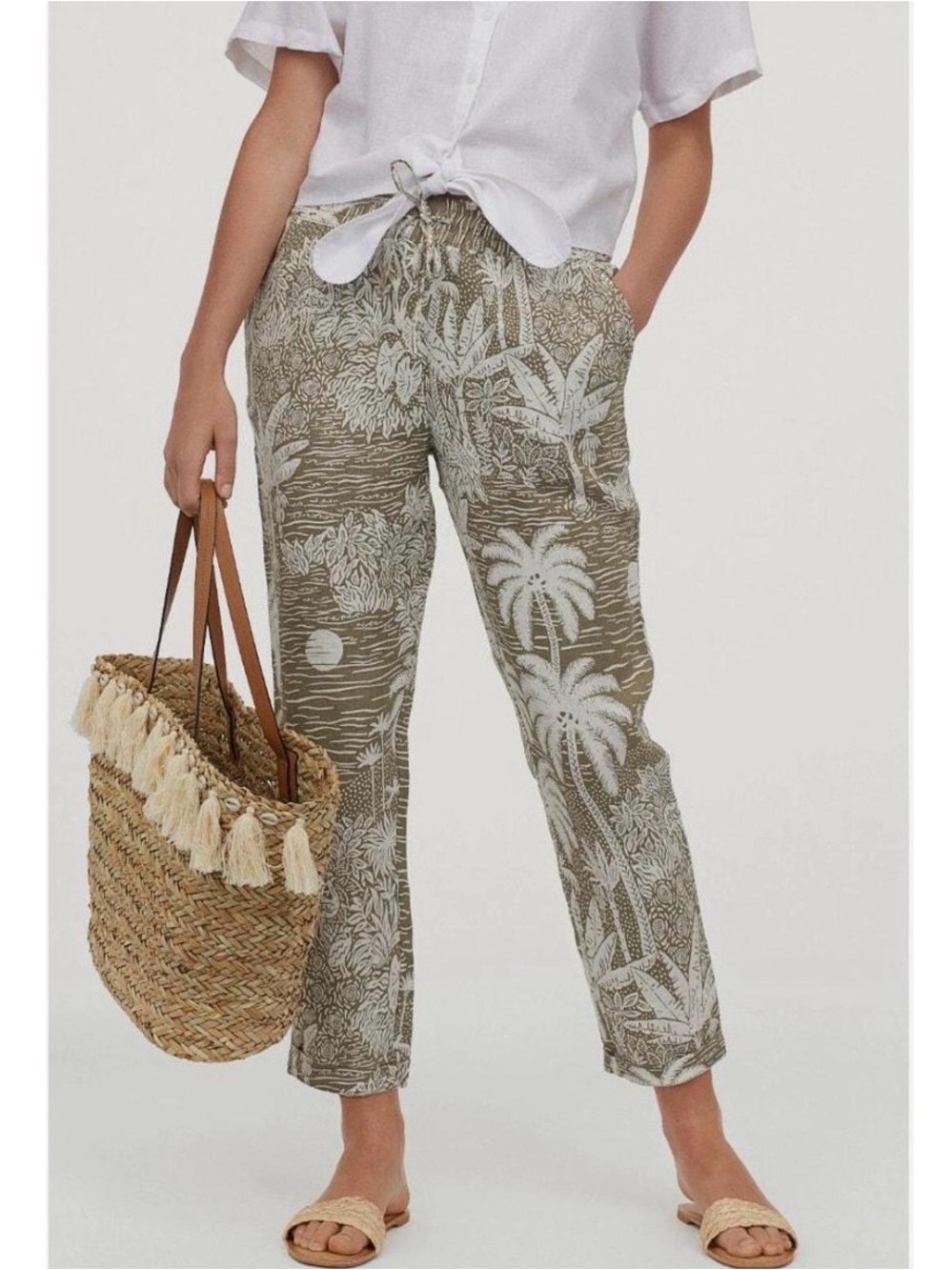 Desmond & Dempsey Tropical Print Linen Pants in Olive & White size 12